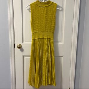 Nanette Lapore Mustard Yellow Pleated Sleeveless Mock Neck Midi Dress, Size 8